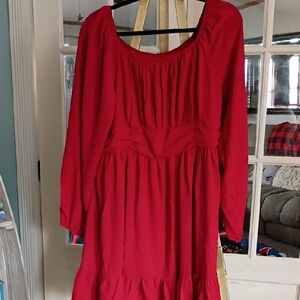 Shestarr Women's Red Long-Sleeve Gathered Waist Dress FITS LIKE 1XL